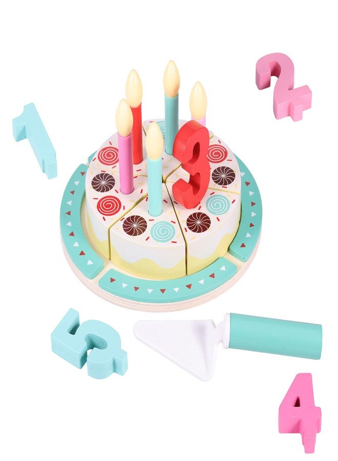 Pithfor Birthday Cake Cutting Toys, Wooden Play Food Set for Kids Toddlers, Pretend Play Kitchen Toys for Boys Girls - Image 1